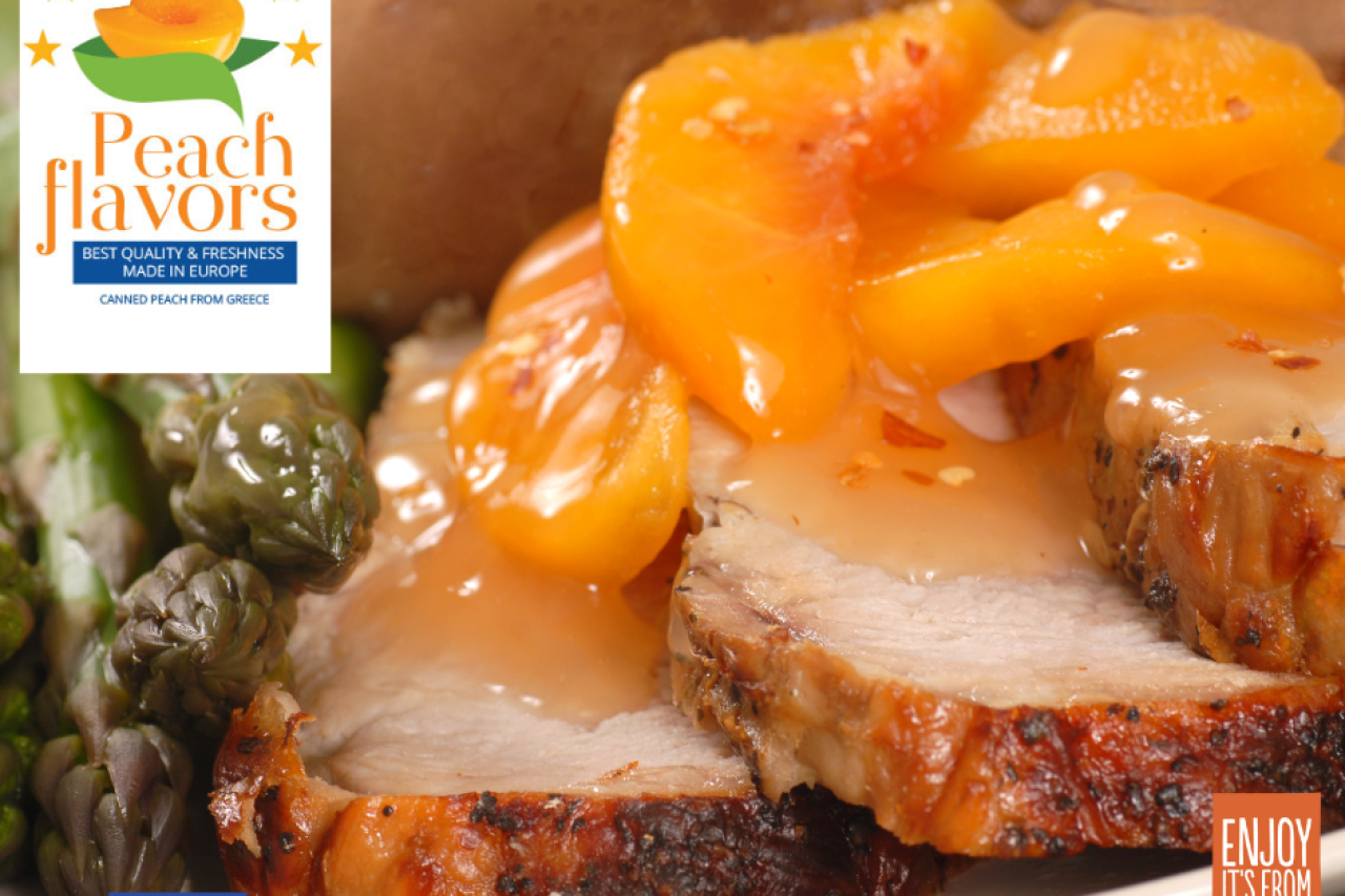 Grilled Steak with European Canned Peaches from Greece